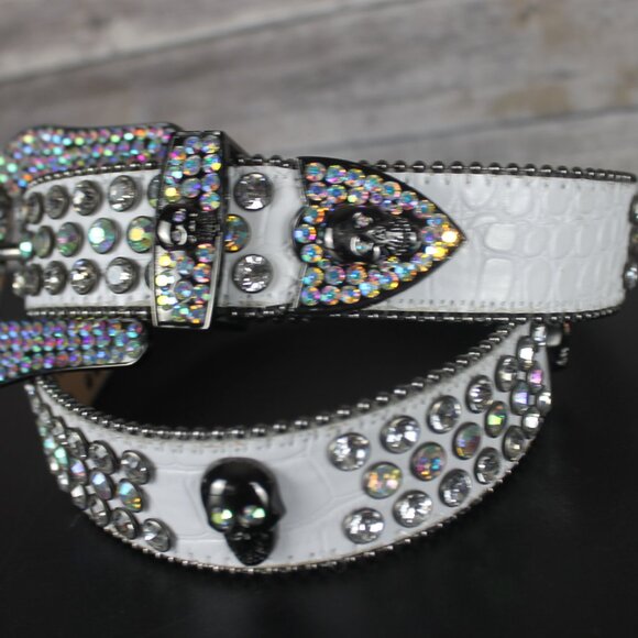 White Faux Leather Woman Belt Skull Rhinestone Western Motorcycle Bling Carnival main image 10